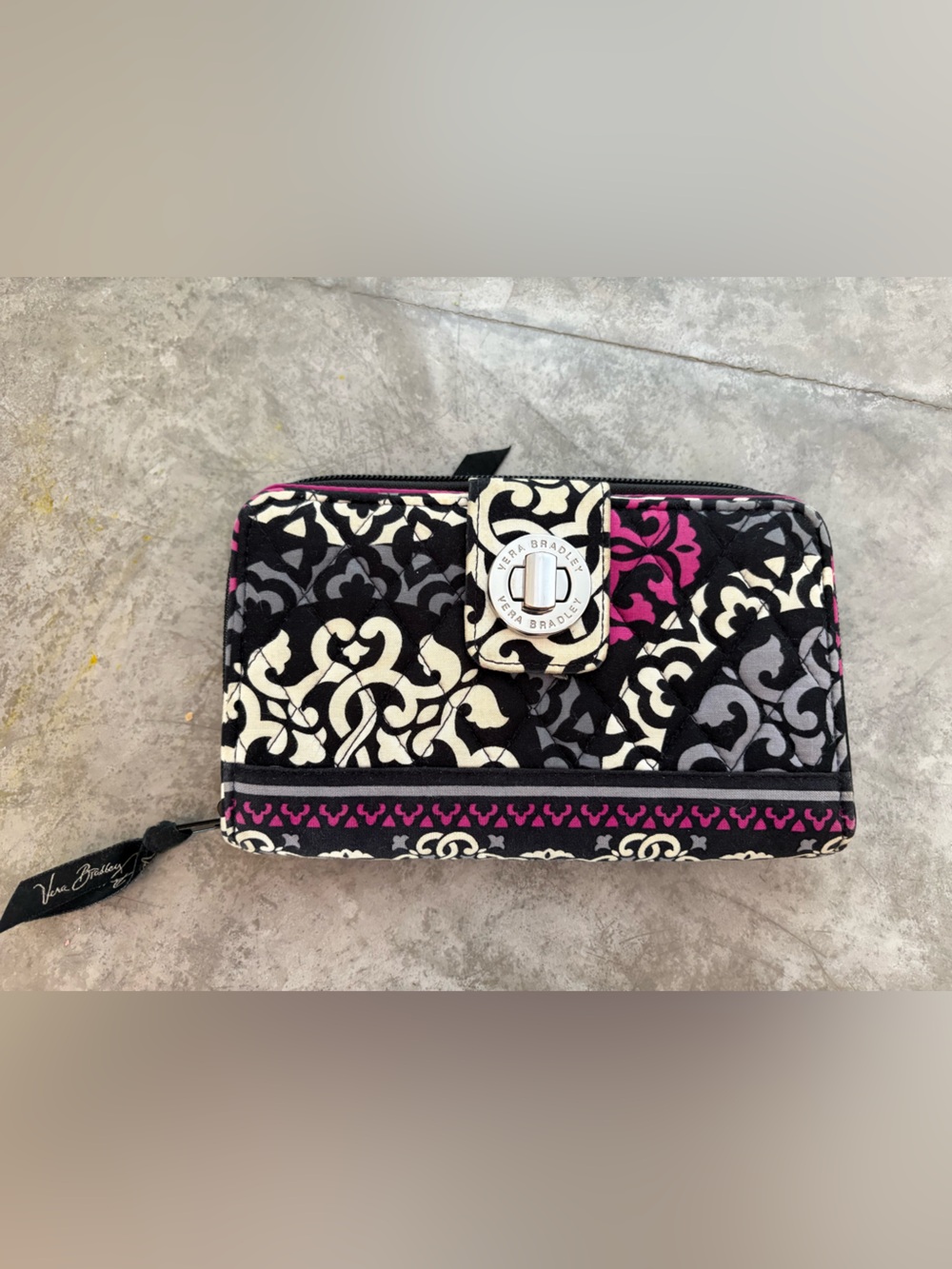 Vera Bradley Turn Lock Wallet black and white paisley pattern with magenta